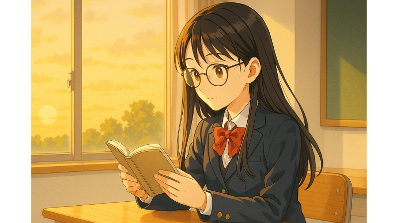 教室の窓際で本を読んでいる長髪の女子高生、夕日の光が差し込む静かな雰囲気