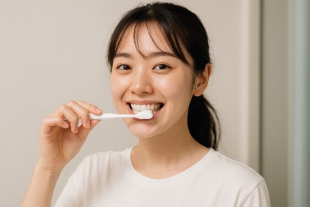 白い歯ブラシで丁寧に歯を磨く若い女性