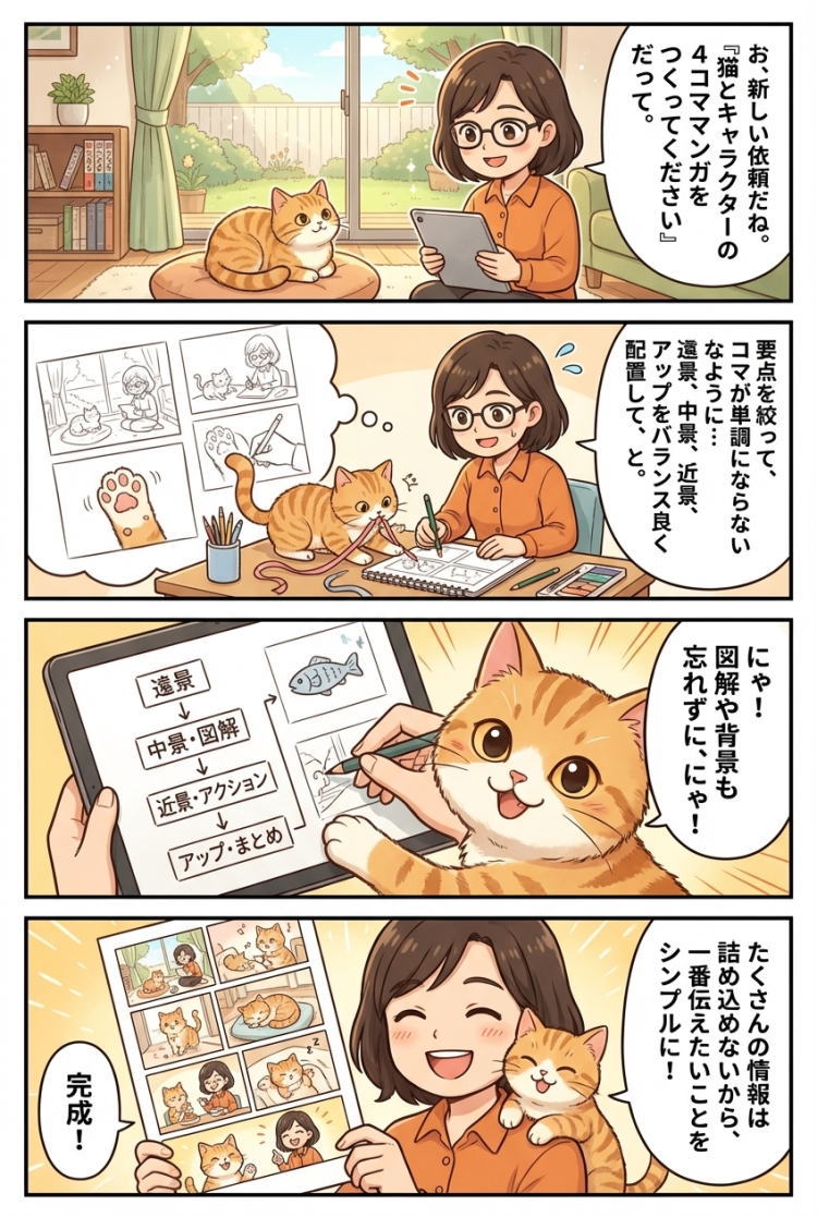 おまかせでかいてもらった、猫と私のキャラの４コマ漫画
